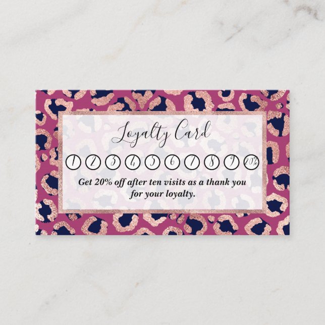 Girly Modern Rose Gold Navy Lila Leopard Print Treuekarte (Vorderseite)