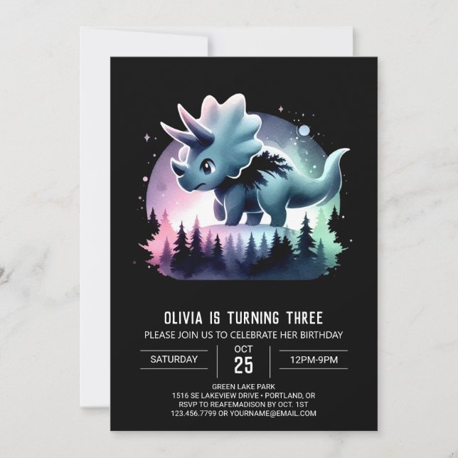 Girly Modern Triceratops Geburtstag Einladung (Vorderseite)