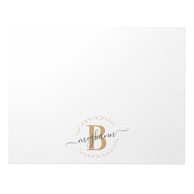 Girly Modern White Gold Name Script Mit Monogramm Notizblock (Vorderseite)