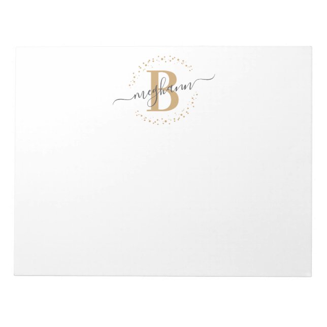 Girly Modern White Gold Name Script Mit Monogramm Notizblock (Vorderseite)