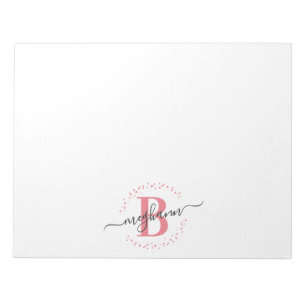 Girly Modern White Pink Name Script Mit Monogramm Notizblock