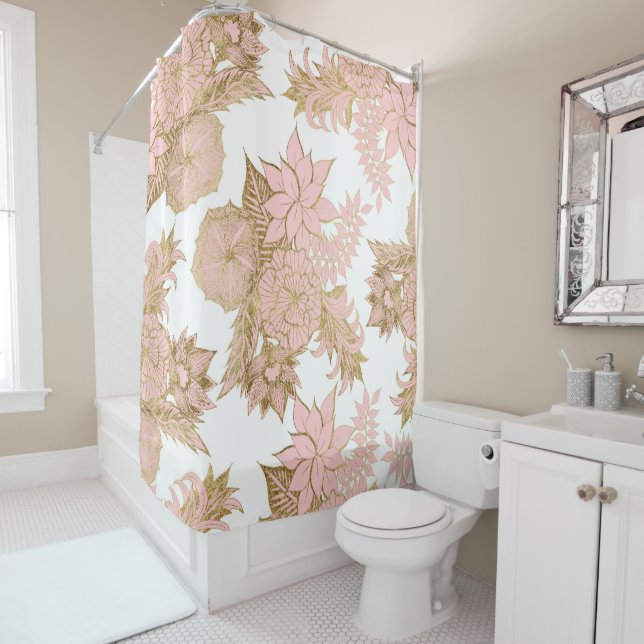Girly moderne erröten das rosa weiße Blumen Gold Duschvorhang (Beispiel)