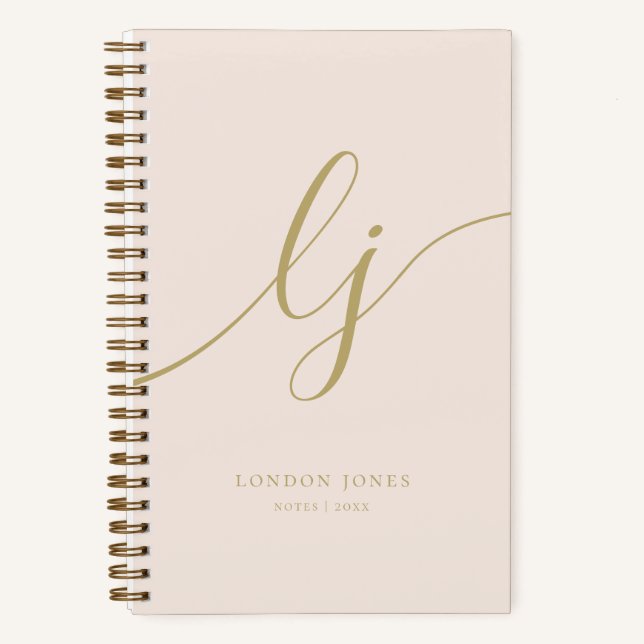 Girly Monogram Calligrafy Initial Blush Pink Gold Notizbuch (Vorderseite)