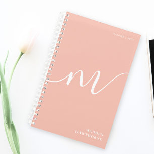 Girly Monogram Calligraphy Coral Blush Pink Planer