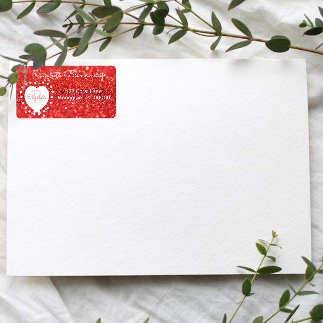 Girly Monogram Coral Glitzer Bokeh Herzpunkte Adressaufkleber (faux orange glitter address label used as a return address label)