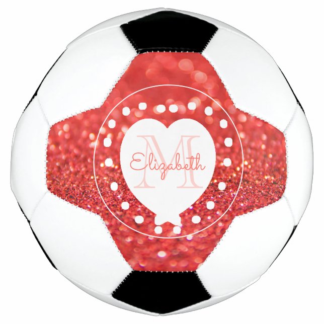 Girly Monogram Coral Glitzer Bokeh White Heart Fußball (Vorderseite)