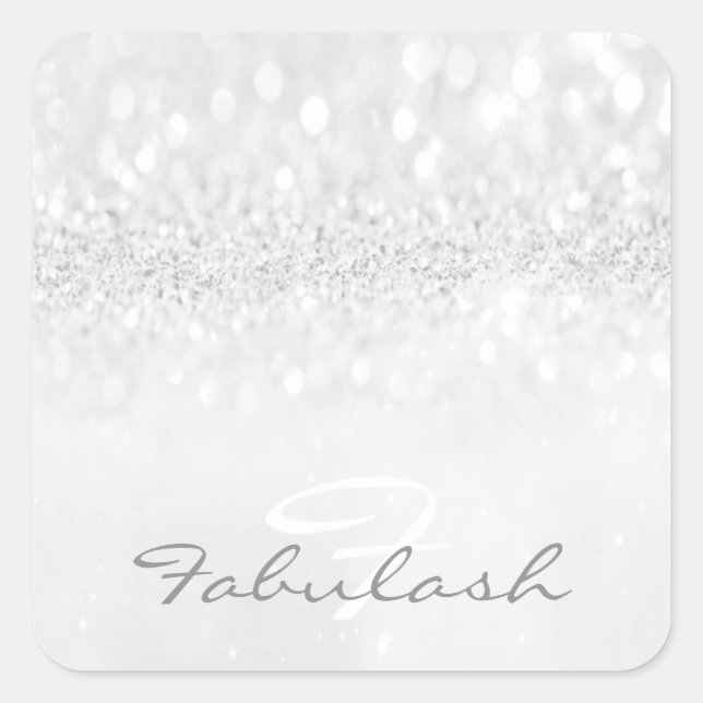 Girly Monogram Funkelnd Glitzer Grau Name Square 1 Quadratischer Aufkleber (Vorderseite)