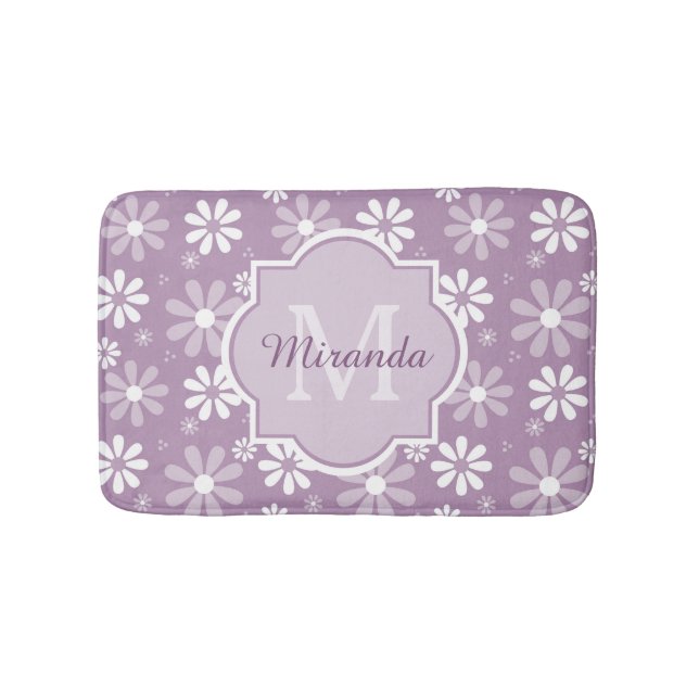 Girly Monogram Light Lila Daisy Blume und Name Badematte (Vorderseite)