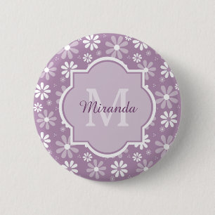 Girly Monogram Light Lila Daisy Blume und Name Button