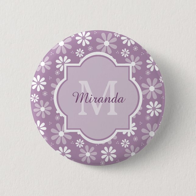Girly Monogram Light Lila Daisy Blume und Name Button (Vorderseite)