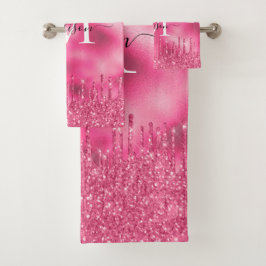 Girly Monogram Metallic Hot Pink Dripping Glitzer Badhandtuch Set