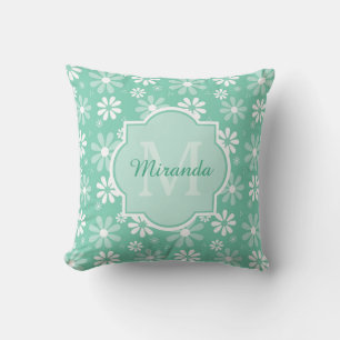 Girly Monogram Minze White Daisy Blume mit Namen Kissen