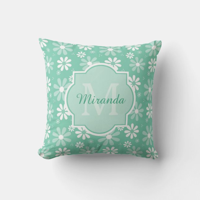 Girly Monogram Minze White Daisy Blume mit Namen Kissen (Vorderseite)