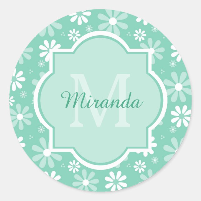 Girly Monogram Minze White Daisy Blume mit Namen Runder Aufkleber (Vorderseite)