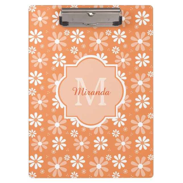 Girly Monogram Niedlich Orange Daisy Blume und Nam Klemmbrett (Vorderseite)