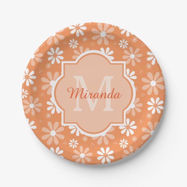 Girly Monogram Niedlich Orange Daisy Blume und Nam Pappteller (Vorderseite)