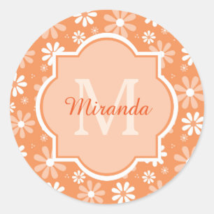 Girly Monogram Niedlich Orange Daisy Blume und Nam Runder Aufkleber