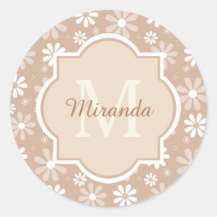 Girly Monogram Niedlich Tan Daisy Blume und Name Runder Aufkleber
