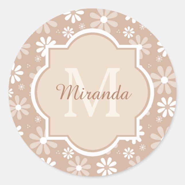 Girly Monogram Niedlich Tan Daisy Blume und Name Runder Aufkleber (Vorderseite)