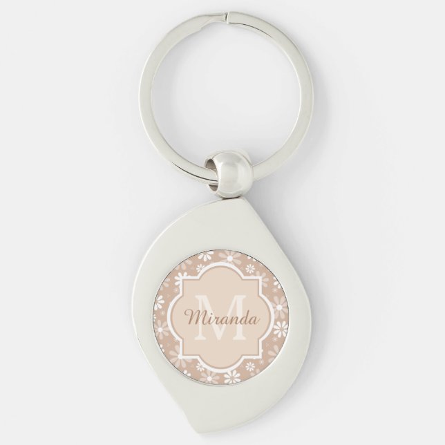 Girly Monogram Niedlich Tan Daisy Blume und Name Schlüsselanhänger (Vorderseite)