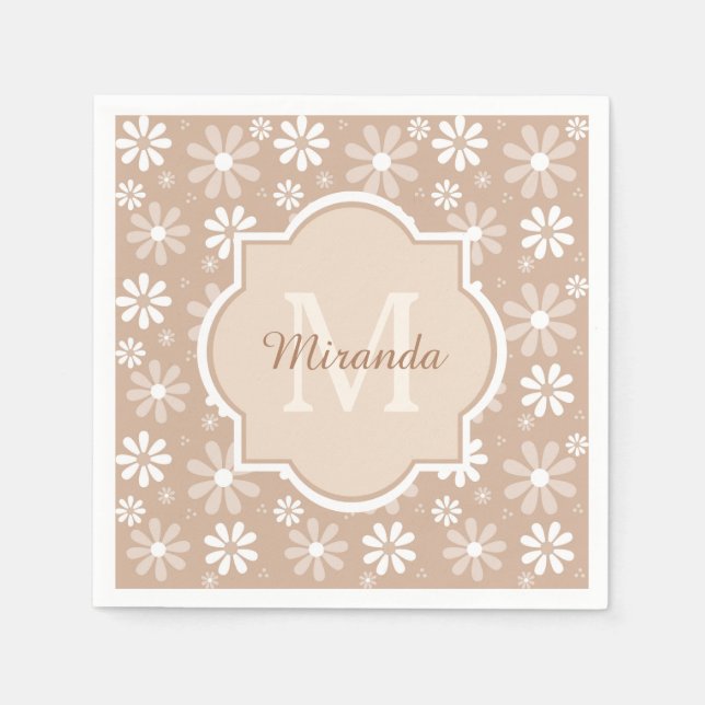 Girly Monogram Niedlich Tan Daisy Blume und Name Serviette (Vorderseite)