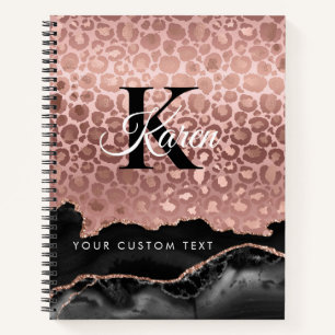 Girly Monogram Rose Gold Leopard und Black Marmor Notizbuch