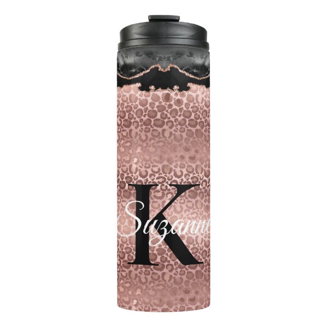 Girly Monogram Rose Gold Leopard und Black Marmor Thermosbecher (Vorderseite)