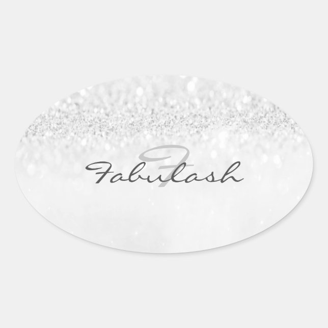 Girly Monogram Spark Glitzer Silbergrau Name 16. Ovaler Aufkleber (Vorderseite)