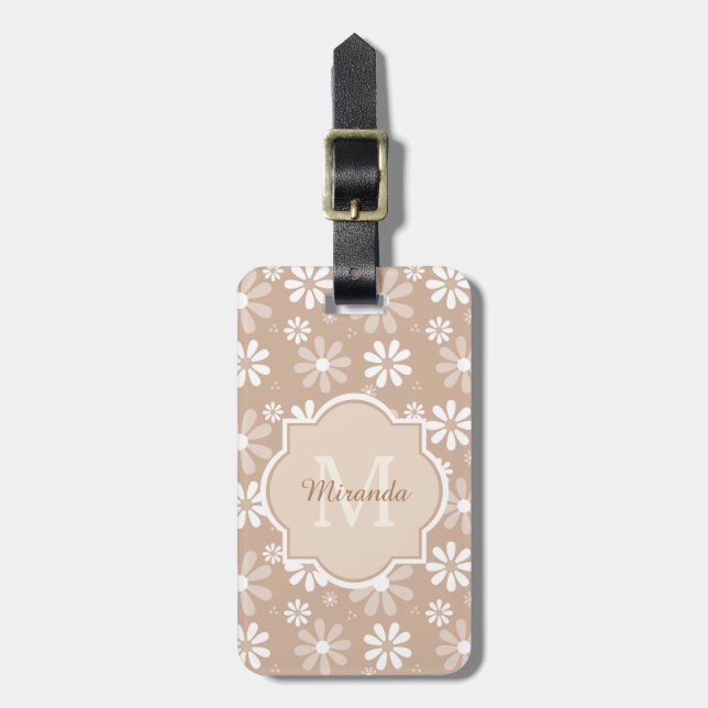 Girly Monogramm-niedliche TAN-Gänseblümchen-Blumen Gepäckanhänger (Vorderseite vertikal)