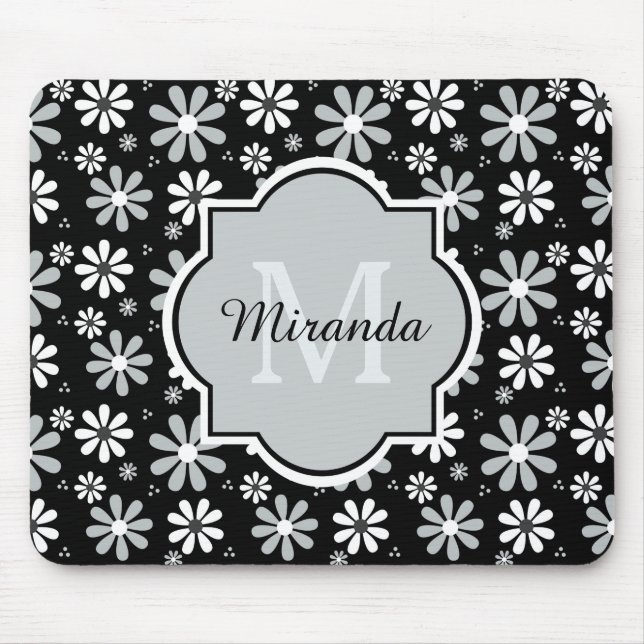 Girly Monogramm-Schwarz-weiße Gänseblümchen-Blumen Mousepad (Vorne)