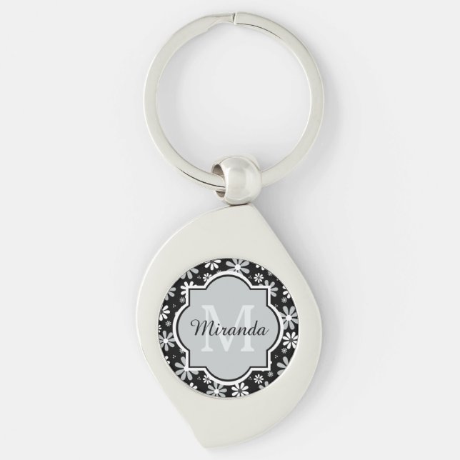 Girly Monogramm-Schwarz-weiße Gänseblümchen-Blumen Schlüsselanhänger (Vorderseite)