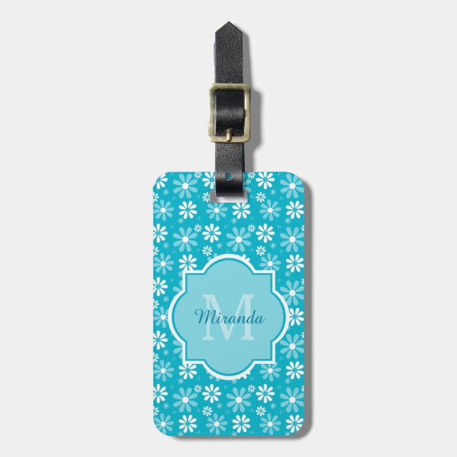 Girly Monogramm-Türkis-Gänseblümchen-Blumen mit Gepäckanhänger (Vorderseite vertikal)