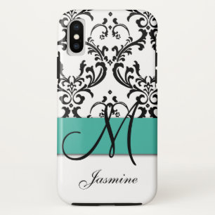 Girly Monogramm-Türkis-Schwarz-Wirbels-Damast title_seo2