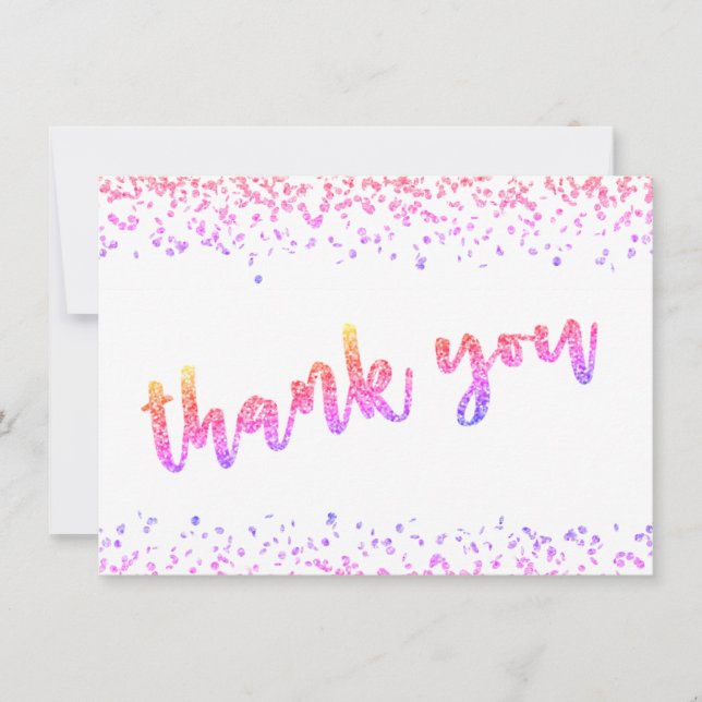 Girly Multi Color Glitzer Confetti Pinselschrift Dankeskarte (Vorderseite)