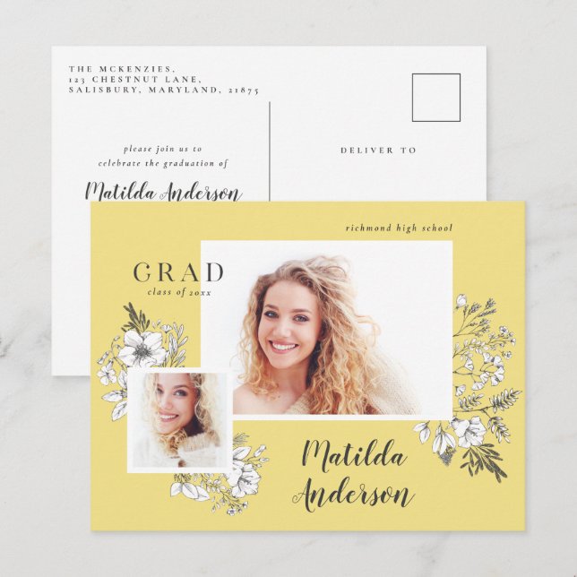 Girly Multi-Foto Blütenelegante Abschlussfeier Einladungspostkarte (Vorne/Hinten)