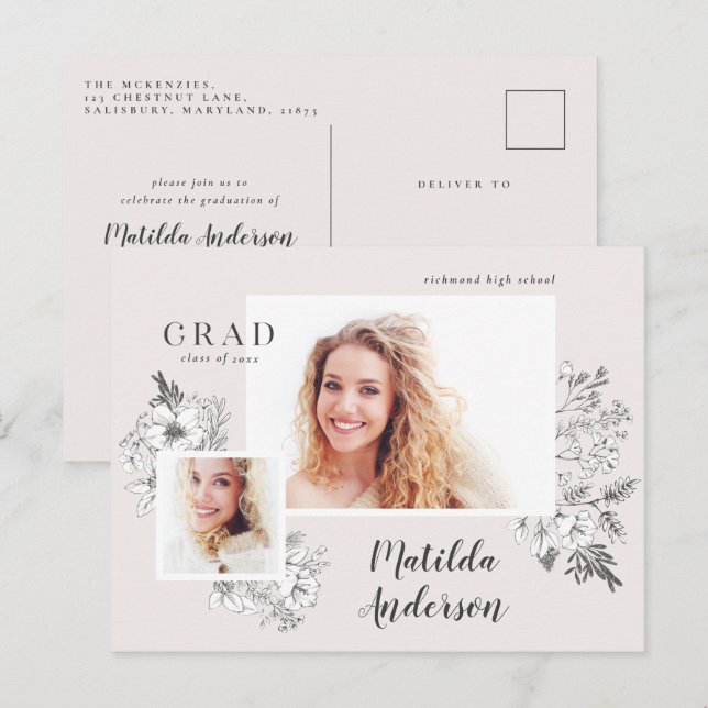 Girly Multi-Foto Blütenelegante Abschlussfeier Einladungspostkarte (Vorne/Hinten)