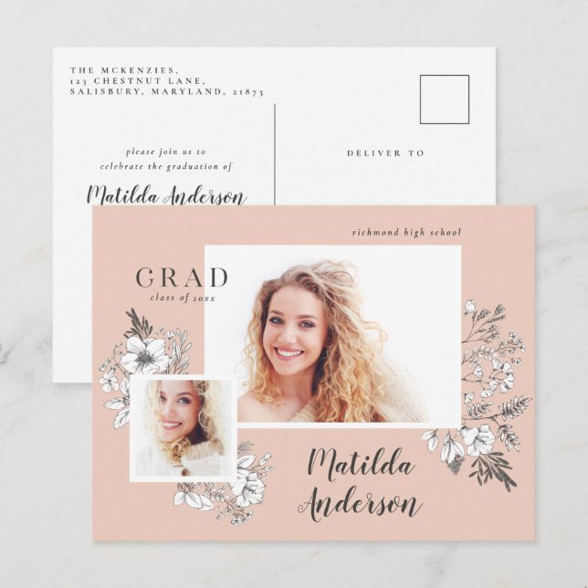 Girly Multi-Foto Blütenelegante Abschlussfeier Einladungspostkarte (Vorne/Hinten)