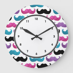 Girly mustaches pattern (Pink Purple Blue & Black) Große Wanduhr