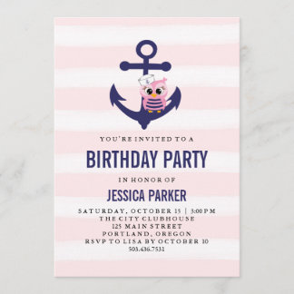 Girly Nautical Anchor mit Owl and Stripe Birthday Einladung