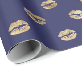 Girly Navy Blue Gold Kiss Lips Muster Geschenkpapier