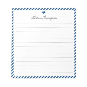 Girly Navy Blue Stripe Feminine Script Herzname Notizblock