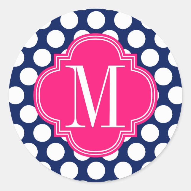 Girly Navy & Pink Big Dots Mit Monogramm Runder Aufkleber (Vorderseite)