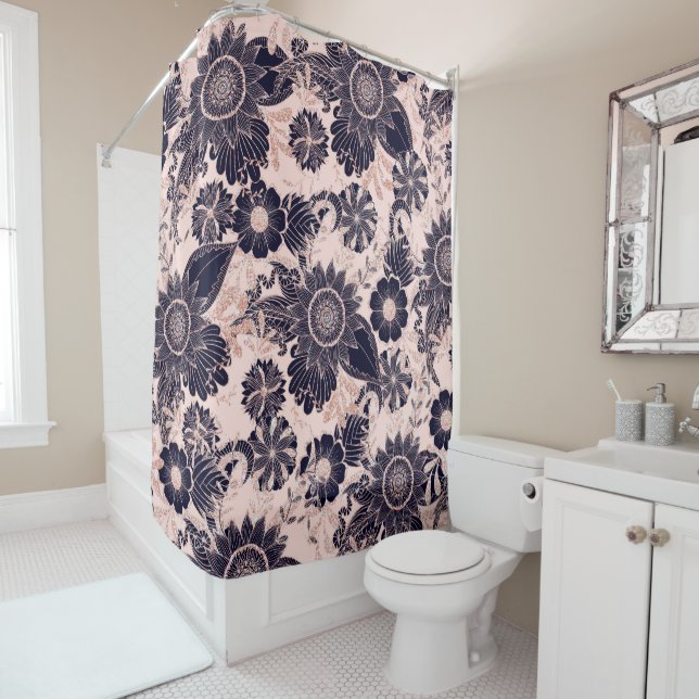 Girly Navy Rose Gold Glitter Floral Illustrations Duschvorhang (Beispiel)