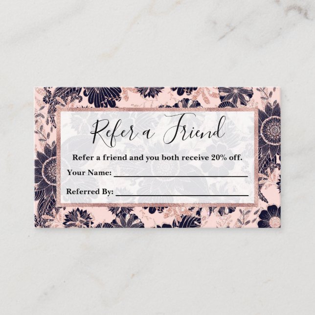 Girly Navy Rose Gold Glitter Floral Illustrations Empfehlungskarte (Vorderseite)