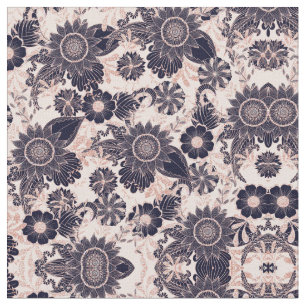 Girly Navy Rose Gold Glitter Floral Illustrations Stoff