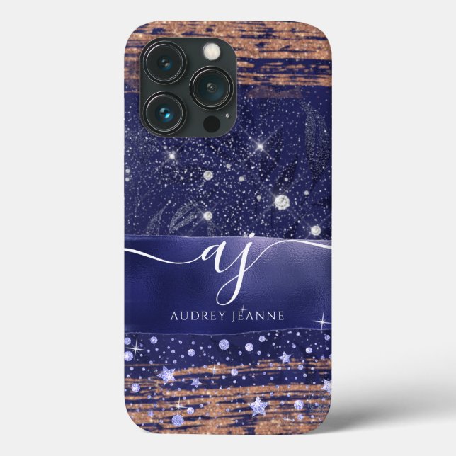 Girly Navy Rose Gold Glitzer Stars Foliage  Case-Mate iPhone Hülle (Rückseite)