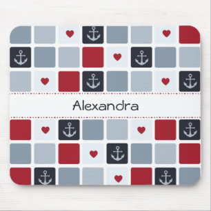 Girly Navy und Red Anchor Herzmuster mit Namen Mousepad