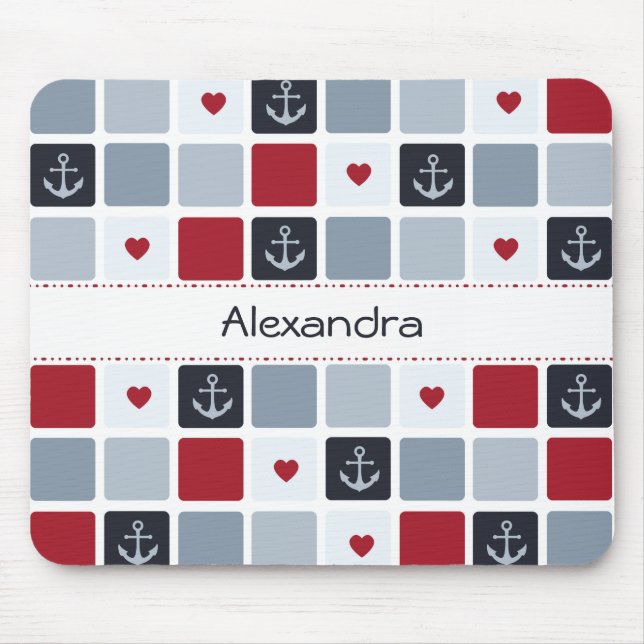 Girly Navy und Red Anchor Herzmuster mit Namen Mousepad (Vorne)