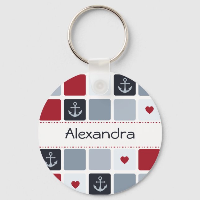 Girly Navy und Red Anchor Herzmuster mit Namen Schlüsselanhänger (Vorderseite)