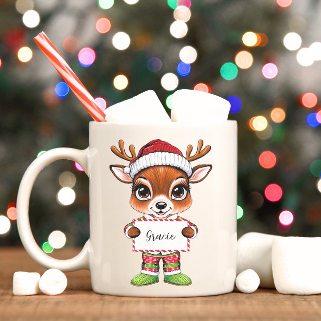Girly Niedlich Baby Rentier Tasse (Christmas reindeer mug with personalized sign.)